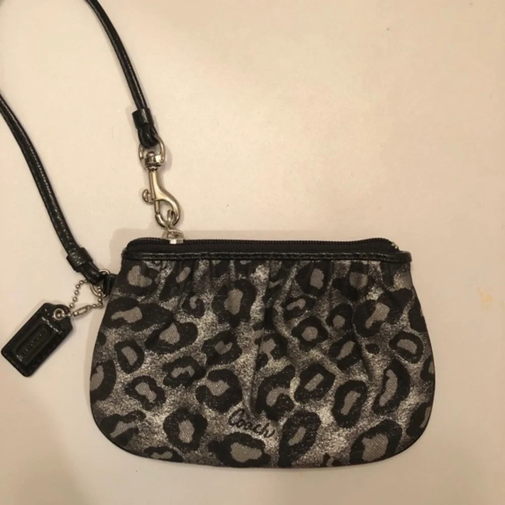 Coach black leopard wristlet metallic silver gray